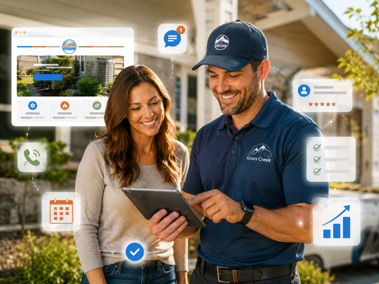 Knots Creek technician showing a homeowner a done-for-you website and lead capture system on a tablet