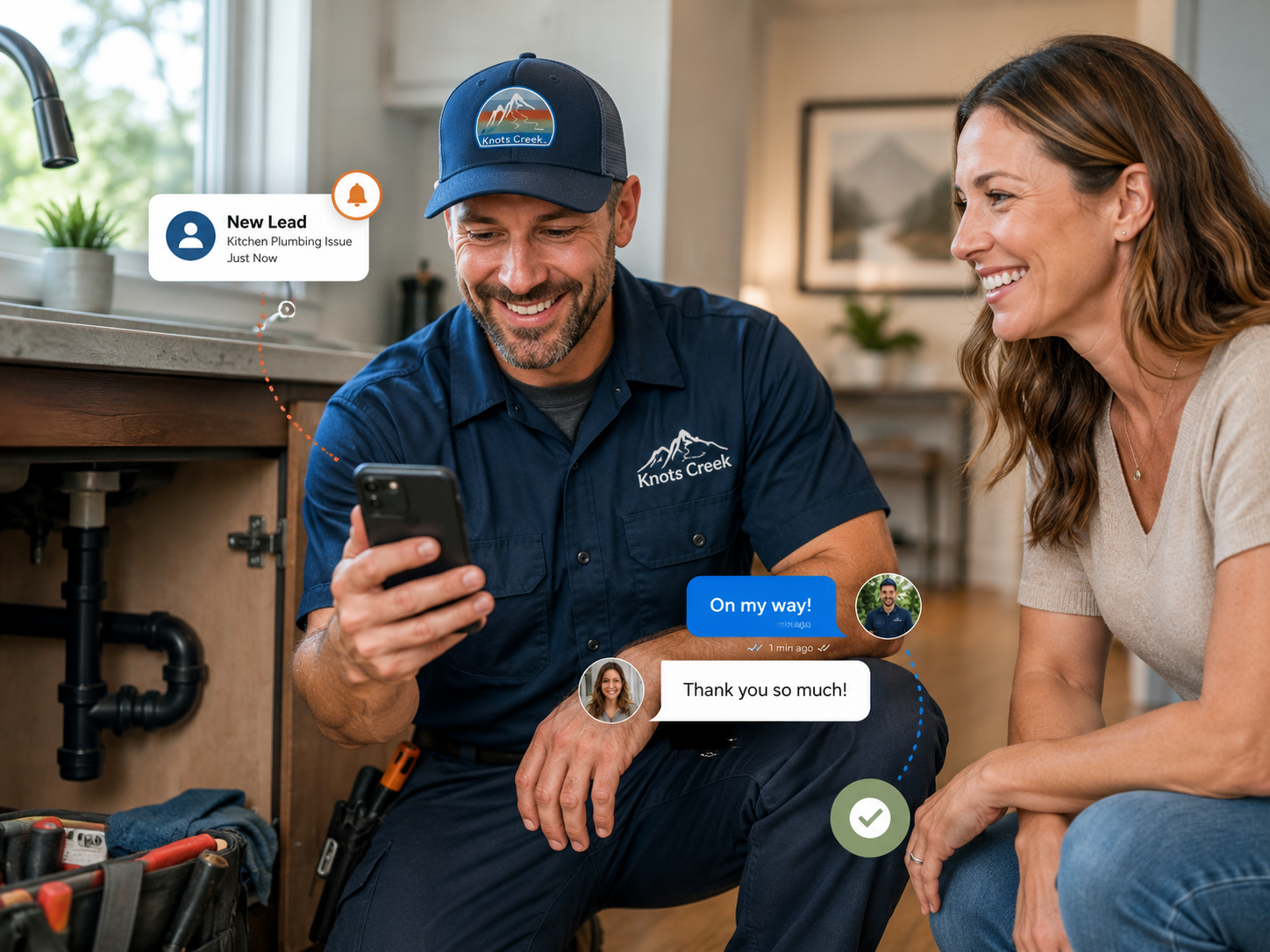Knots Creek service professional using done-for-you lead follow-up while helping a homeowner